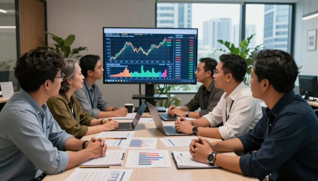A professional Indonesian trading office setting, with a diverse group of traders of various ethnic backgrounds engaged in discussions around a table. The foreground features charts and documents related to rebate structures. The middle ground shows a large screen displaying dynamic graphs and statistics on trading performance, emphasizing the importance of rebates. The background includes stylish office decor, large windows with a view of Jakarta's skyline, and plants for a touch of green. Soft lighting creates a warm, inviting atmosphere, highlighting the camaraderie among the traders. The overall mood is focused and collaborative, reflecting a serious yet optimistic professional environment. No text or branding elements present.
