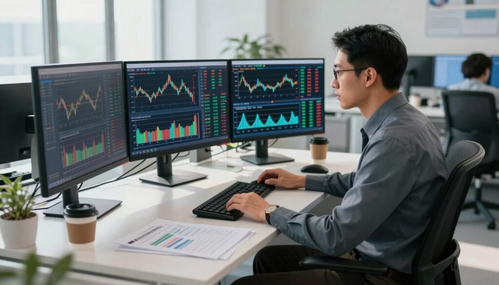 A professional office environment featuring a modern trading desk, equipped with multiple high-resolution monitors displaying stock charts and graphs. In the foreground, a trader in professional business attire intently analyzing data, with a look of focus and determination. The middle ground includes a sleek black chair and a stylish desk cluttered with financial reports and a coffee cup. In the background, large windows allow natural light to flood the room, creating a bright and encouraging atmosphere. The overall mood is one of productivity and financial vigilance, ideal for showcasing a brokerage's benefits. Soft shadows enhance the depth in the scene, captured from a slightly angled view to give a dynamic perspective.