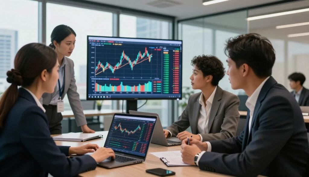 A professional, sophisticated office environment, featuring a diverse group of individuals engaged in a lively discussion about rebate trading. In the foreground, a male and female trader, both dressed in smart business attire, analyze trading charts on a sleek laptop. In the middle, a large, digital screen displays vibrant graphs showing profits and rebate percentages, emphasizing the concept of rebate trading. The background features a modern office with glass walls and city skyline views, bathed in warm, natural light, creating an inviting atmosphere. The mood is focused and energetic, conveying a sense of opportunity and success in financial trading. A professional, sophisticated office environment, featuring a diverse group of individuals engaged in a lively discussion about rebate trading. In the foreground, a male and female trader, both dressed in smart business attire, analyze trading charts on a sleek laptop. In the middle, a large, digital screen displays vibrant graphs showing profits and rebate percentages, emphasizing the concept of rebate trading. The background features a modern office with glass walls and city skyline views, bathed in warm, natural light, creating an inviting atmosphere. The mood is focused and energetic, conveying a sense of opportunity and success in financial trading.