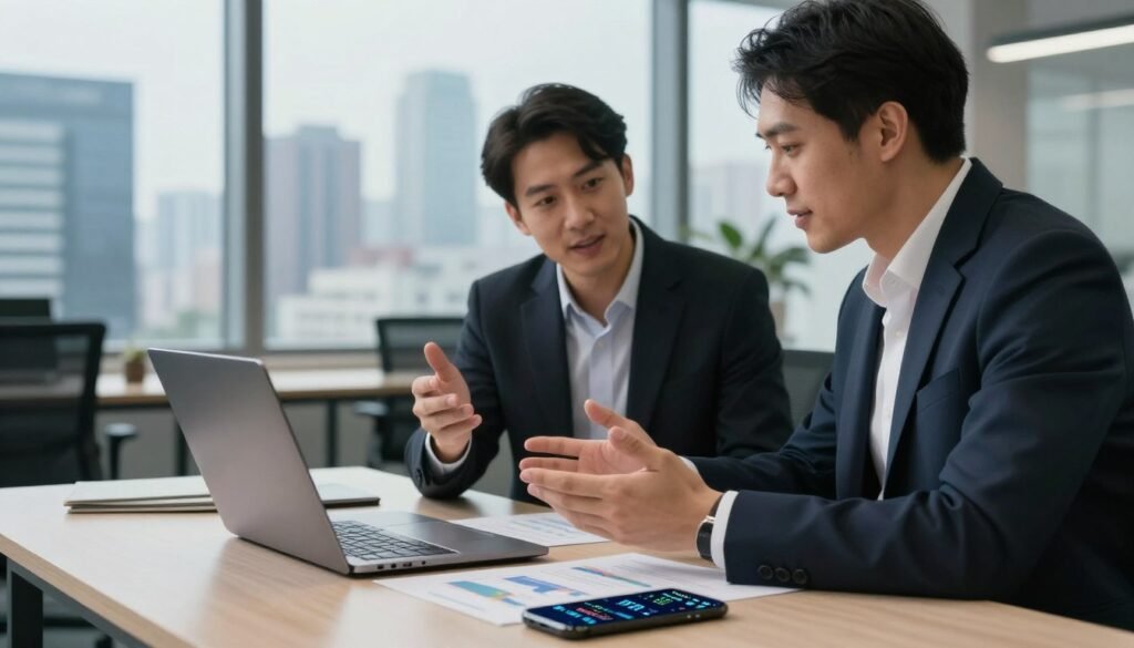 A professional trader in a sleek office environment, discussing bonus deposits with a financial advisor. The foreground features a modern desk with a laptop, financial charts, and a smartphone displaying currency exchange rates. In the middle, the trader and advisor, both in business attire, are engaged in a conversation, emphasizing collaboration and strategy. The background showcases a city skyline through large windows, illuminated by soft natural light that creates a professional yet inviting atmosphere. The angle is slightly angled downward, capturing both the subjects and the dynamic workspace around them. The mood is focused and optimistic, reflecting the opportunities that come with trading bonuses.