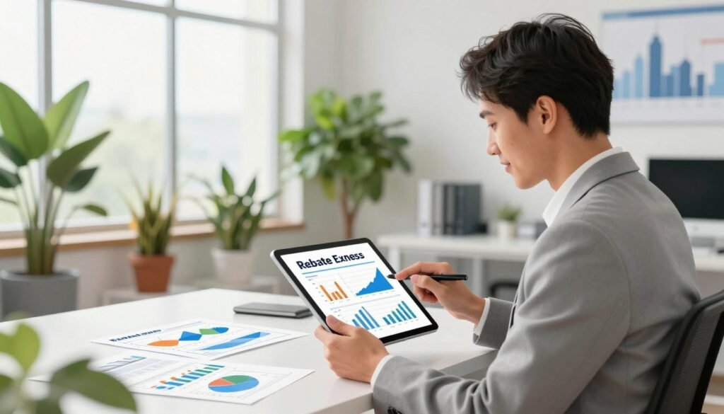 A vibrant and engaging digital illustration depicting the concept of "Rebate Exness." In the foreground, visually represent a professional business person in modest business attire, confidently analyzing data on a tablet, displaying graphs and numbers showcasing rebate statistics. In the middle ground, create an inviting office setting with large windows allowing natural light to flood in, dense greenery in pots to signify growth, and a sleek desk clutter-free, with some financial charts neatly arranged. In the background, an abstract representation of the Indonesian skyline, symbolizing the financial market atmosphere. The image should convey a mood of professionalism and optimism, with soft lighting enhancing the clarity of details, captured from a slightly elevated angle to provide a comprehensive view of the scene.